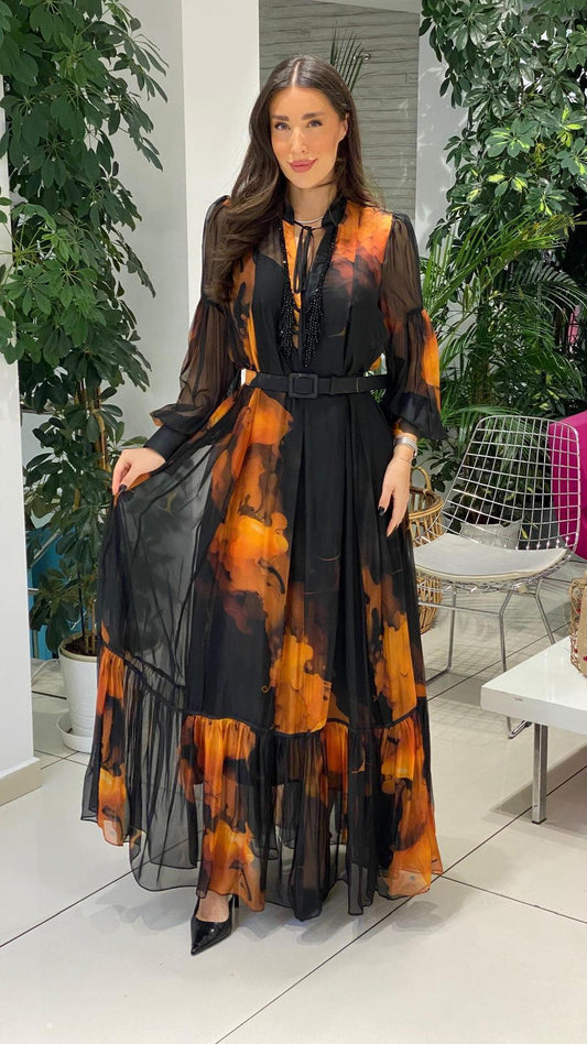 Robe Cocktail "Nébuleuse"  Noir & Orange