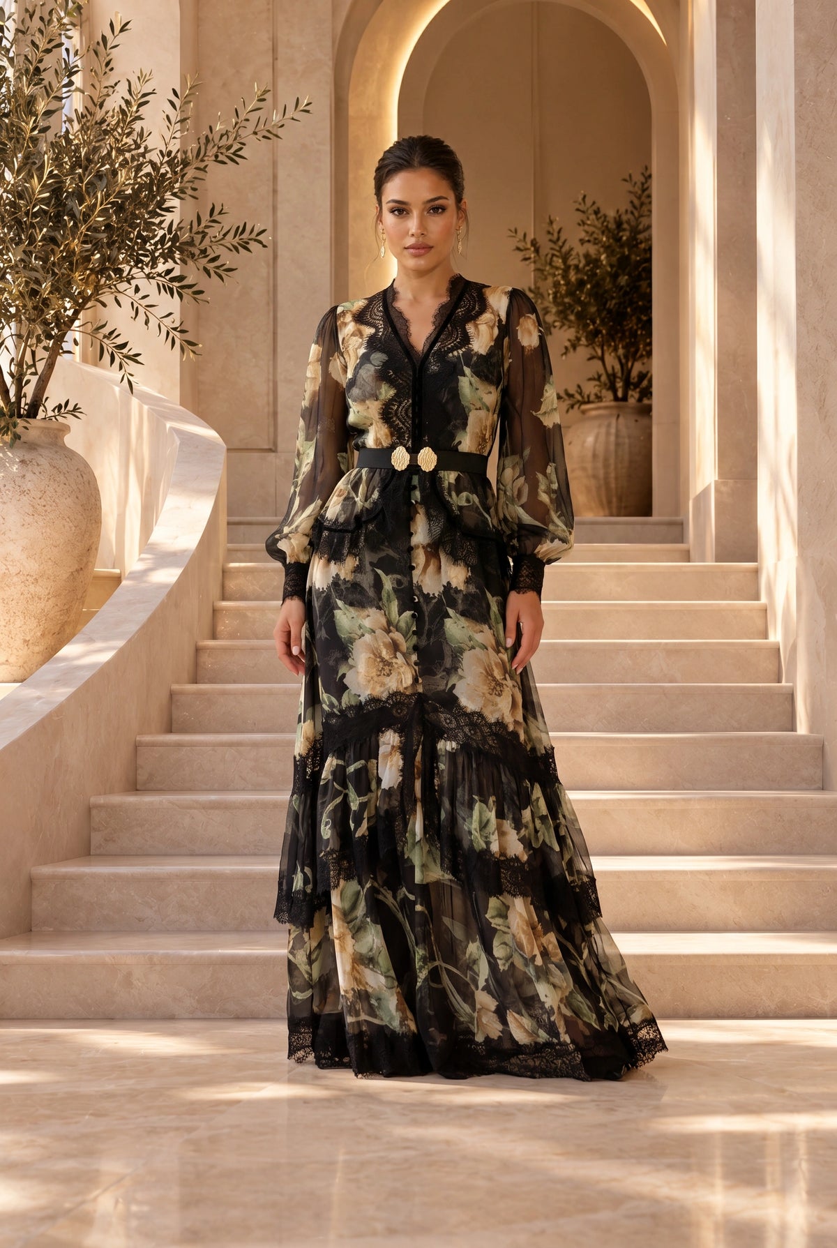 Robe longue noire à fleurs beige et détails de dentelle